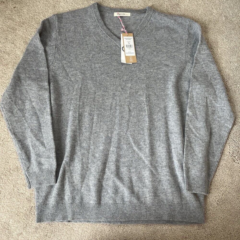 WoolOvers Sweater Mens XL 100% Lambswool V-neck Jumper Gray Neutral Minimalist